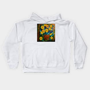 Sunflowers and mixed flowers in gold vase Kids Hoodie